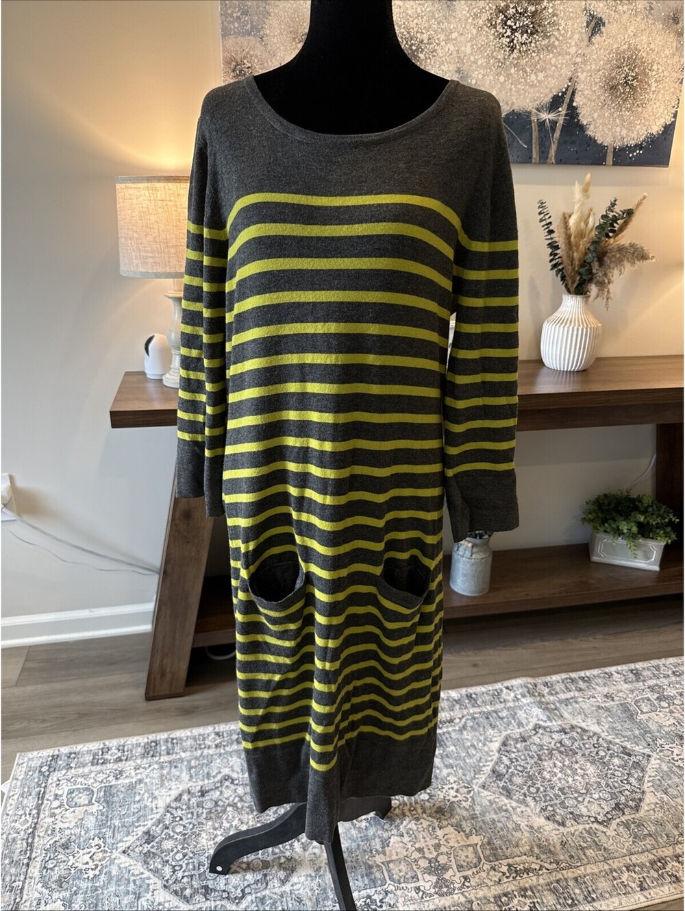 Philosophy XL Sweater Dress Pockets Grey Yellow Striped Fitted